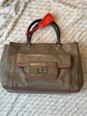 DVF Diane von Furstenberg Gray Taupe Leather Large Tote Red Trim Silver Hardware